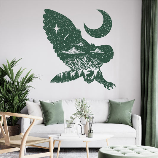 Flying Owl Mountain Scene Stars Landscape