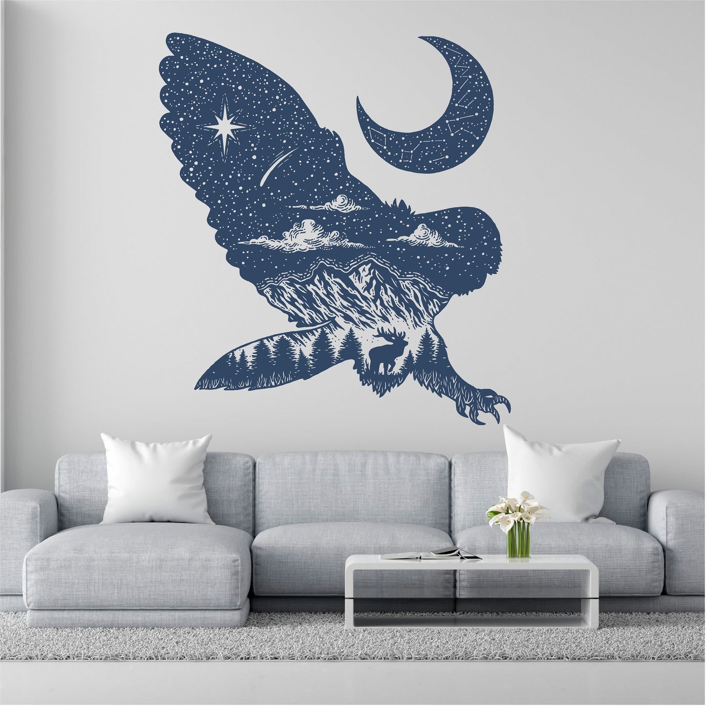Flying Owl Mountain Scene Stars Landscape