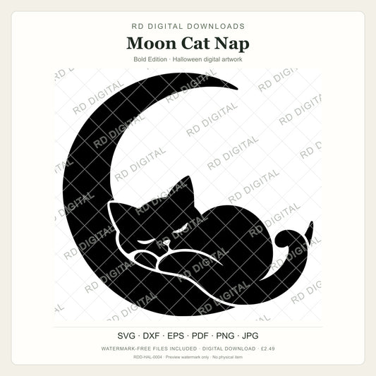 Watermarked Moon Cat Nap, Bold Edition Halloween digital artwork; customer files are supplied without the watermark.
