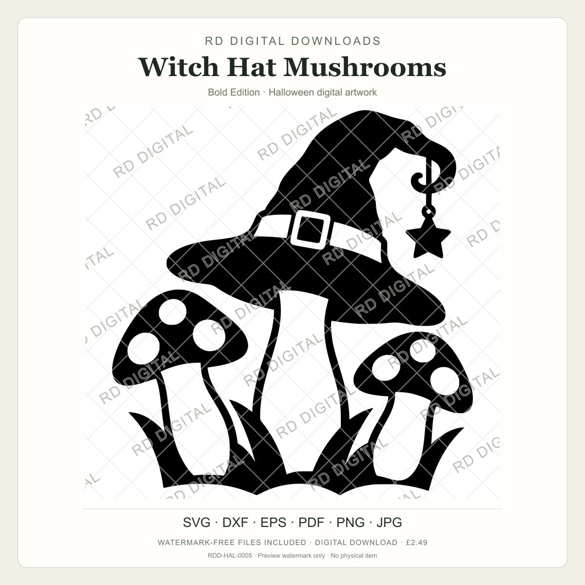 Watermarked Witch Hat Mushrooms, Bold Edition Halloween digital artwork; customer files are supplied without the watermark.