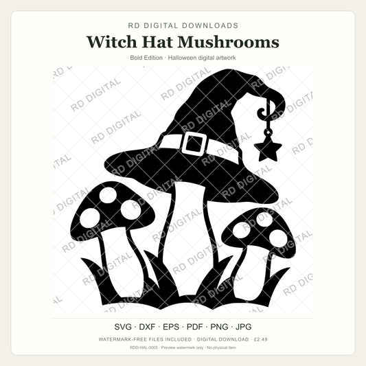 Watermarked Witch Hat Mushrooms, Bold Edition Halloween digital artwork; customer files are supplied without the watermark.