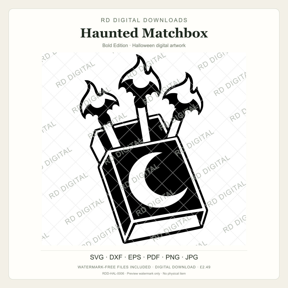 Watermarked Haunted Matchbox, Bold Edition Halloween digital artwork; customer files are supplied without the watermark.