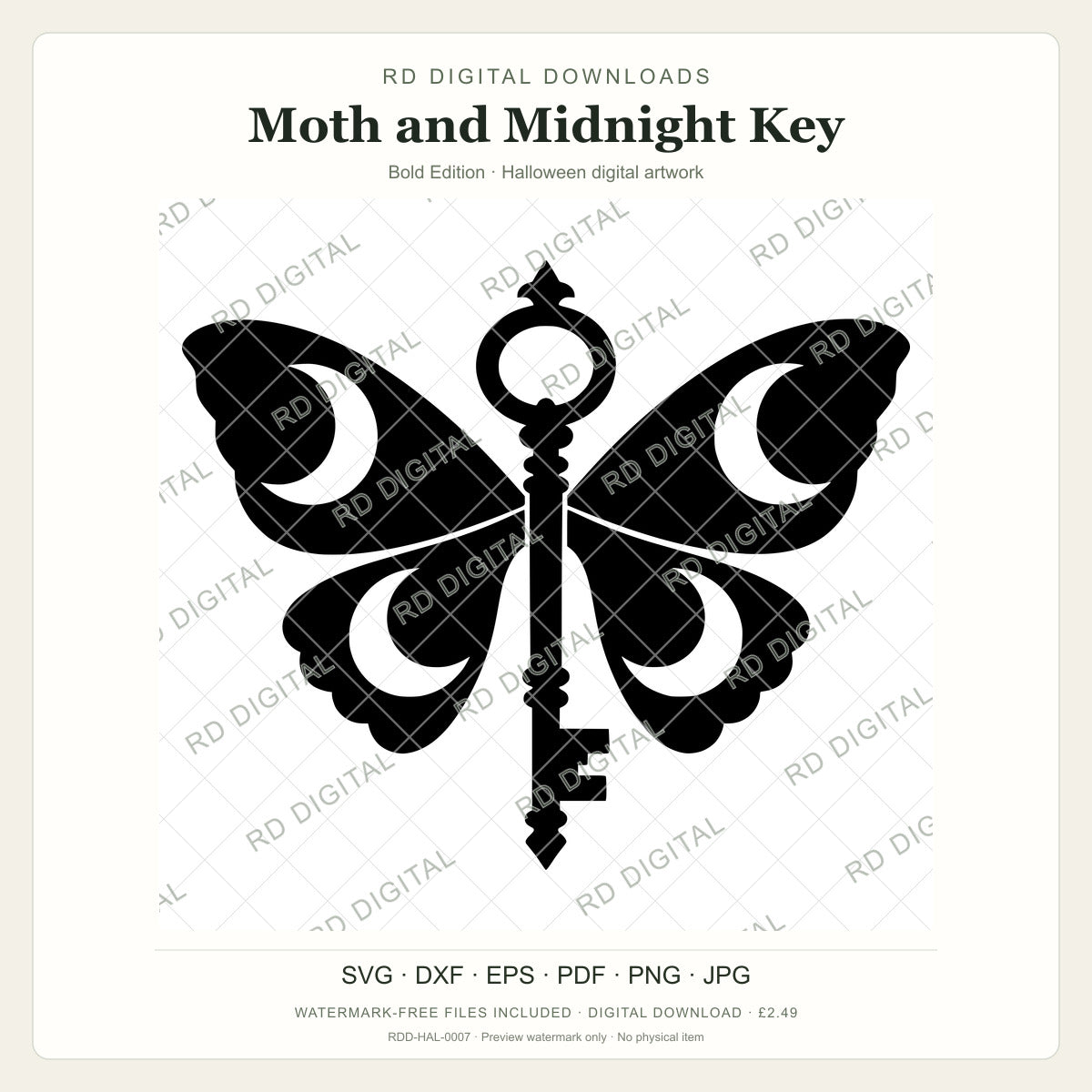 Watermarked Moth and Midnight Key, Bold Edition Halloween digital artwork; customer files are supplied without the watermark.