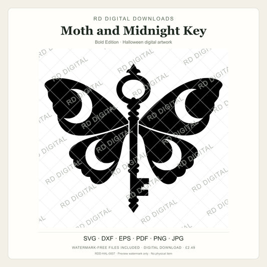Watermarked Moth and Midnight Key, Bold Edition Halloween digital artwork; customer files are supplied without the watermark.