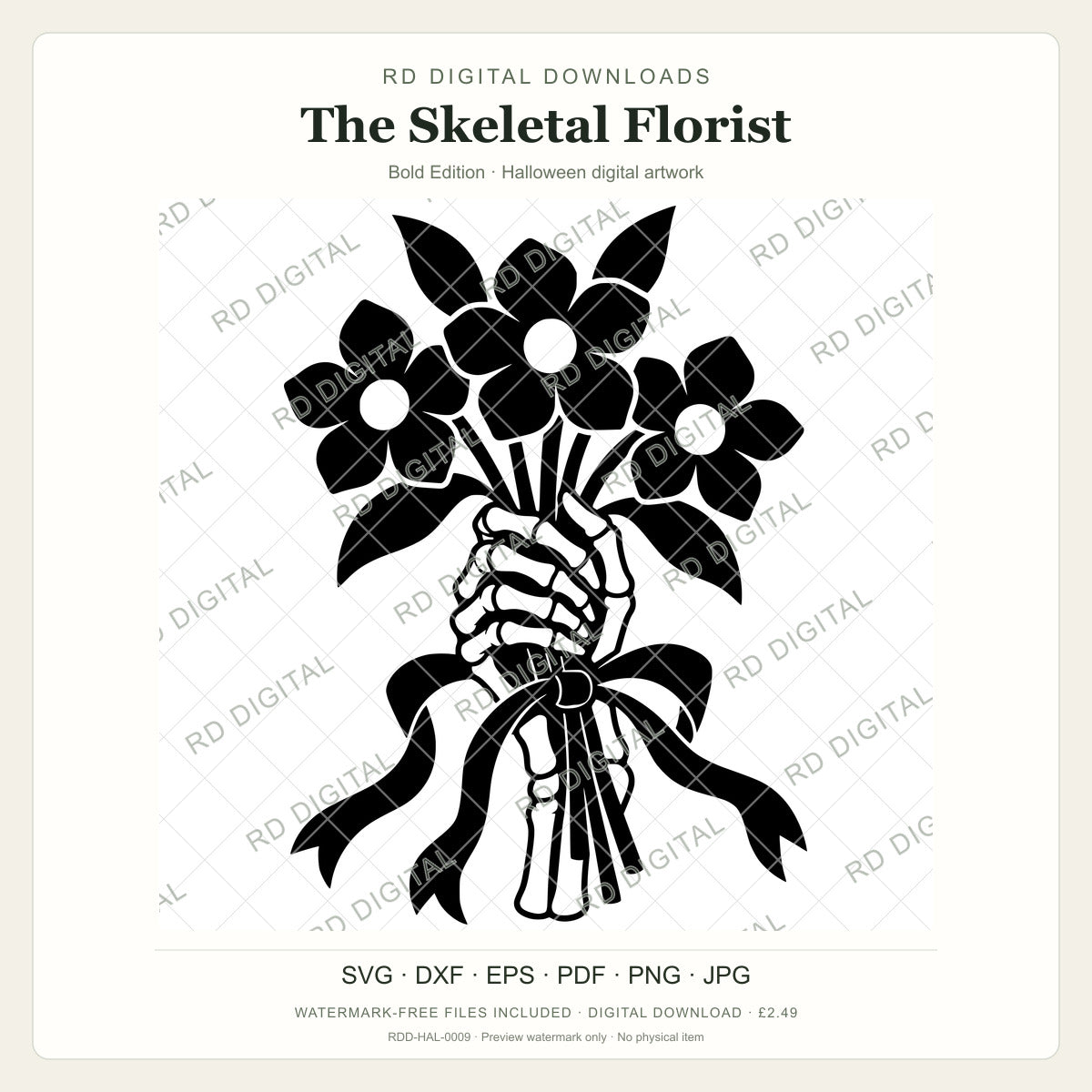 Watermarked The Skeletal Florist, Bold Edition Halloween digital artwork; customer files are supplied without the watermark.