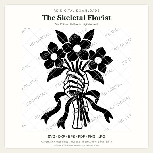 Watermarked The Skeletal Florist, Bold Edition Halloween digital artwork; customer files are supplied without the watermark.