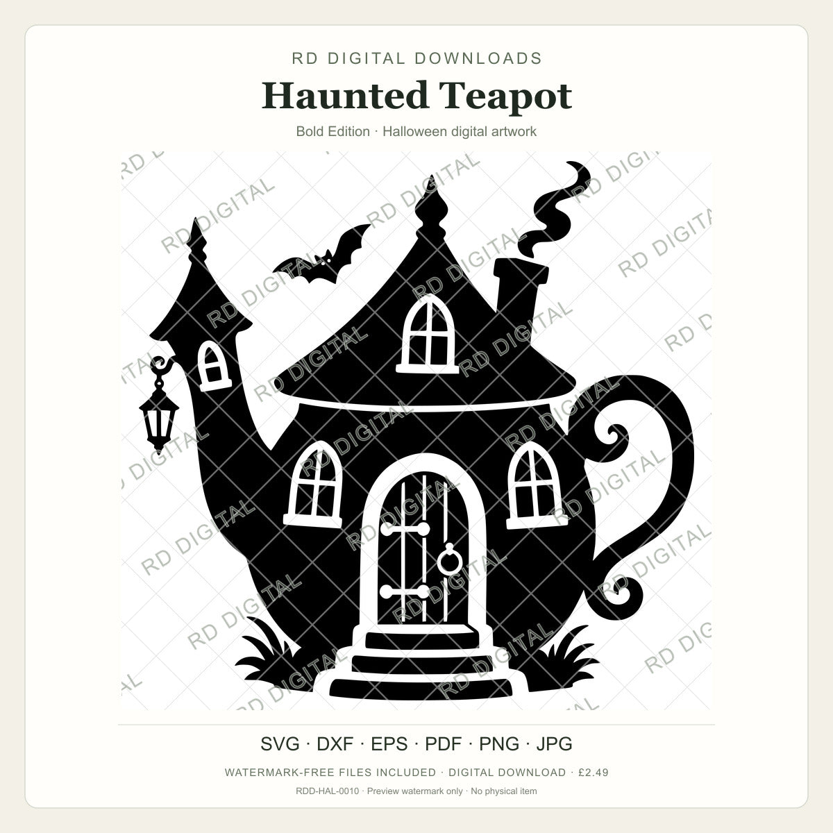 Watermarked Haunted Teapot, Bold Edition Halloween digital artwork; customer files are supplied without the watermark.