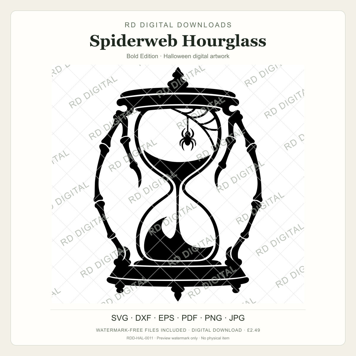 Watermarked Spiderweb Hourglass, Bold Edition Halloween digital artwork; customer files are supplied without the watermark.