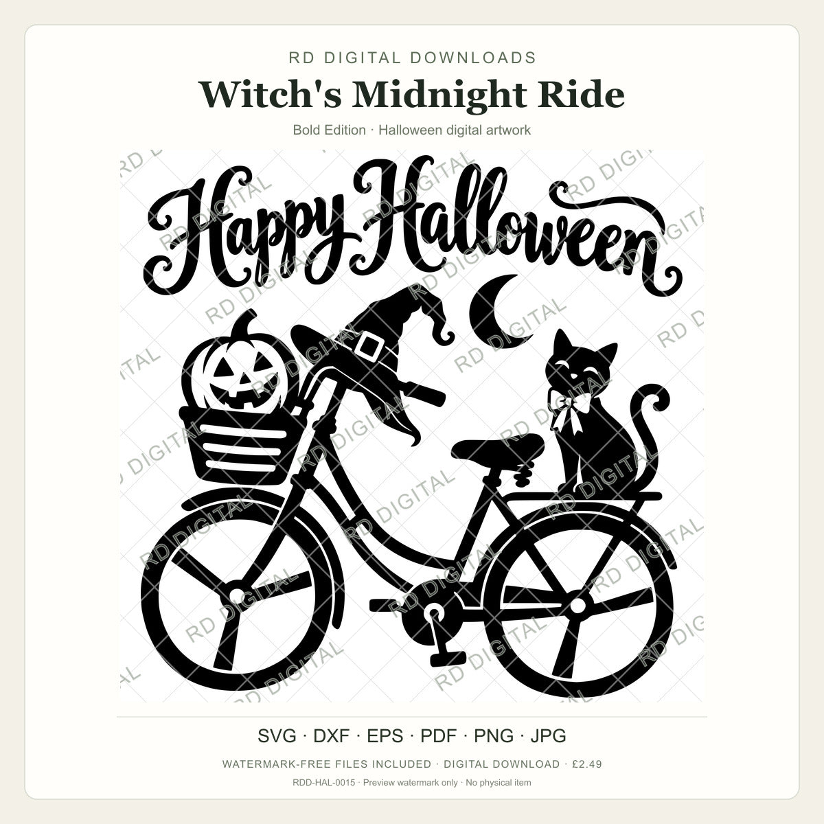 Watermarked Witch's Midnight Ride, Bold Edition Halloween digital artwork; customer files are supplied without the watermark.