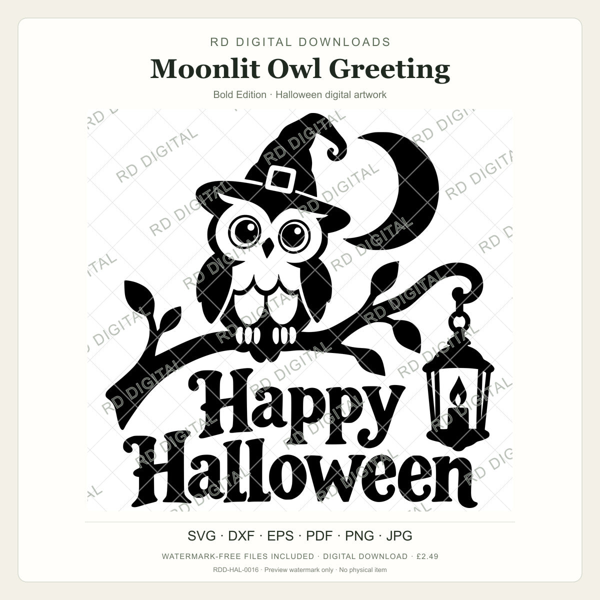 Watermarked Moonlit Owl Greeting, Bold Edition Halloween digital artwork; customer files are supplied without the watermark.