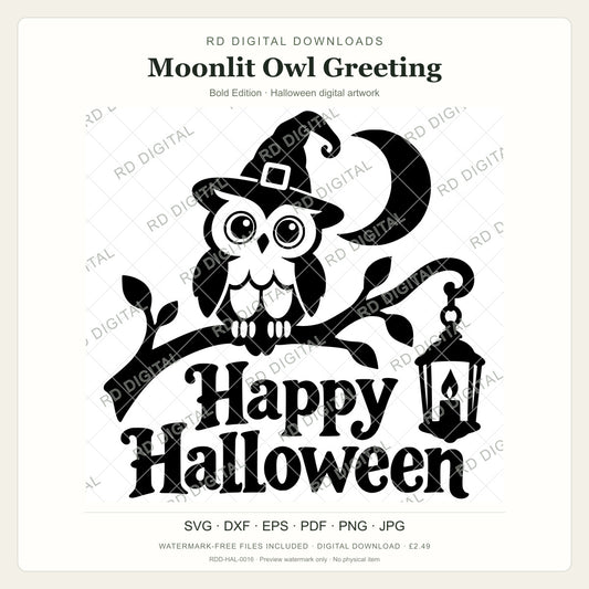 Watermarked Moonlit Owl Greeting, Bold Edition Halloween digital artwork; customer files are supplied without the watermark.
