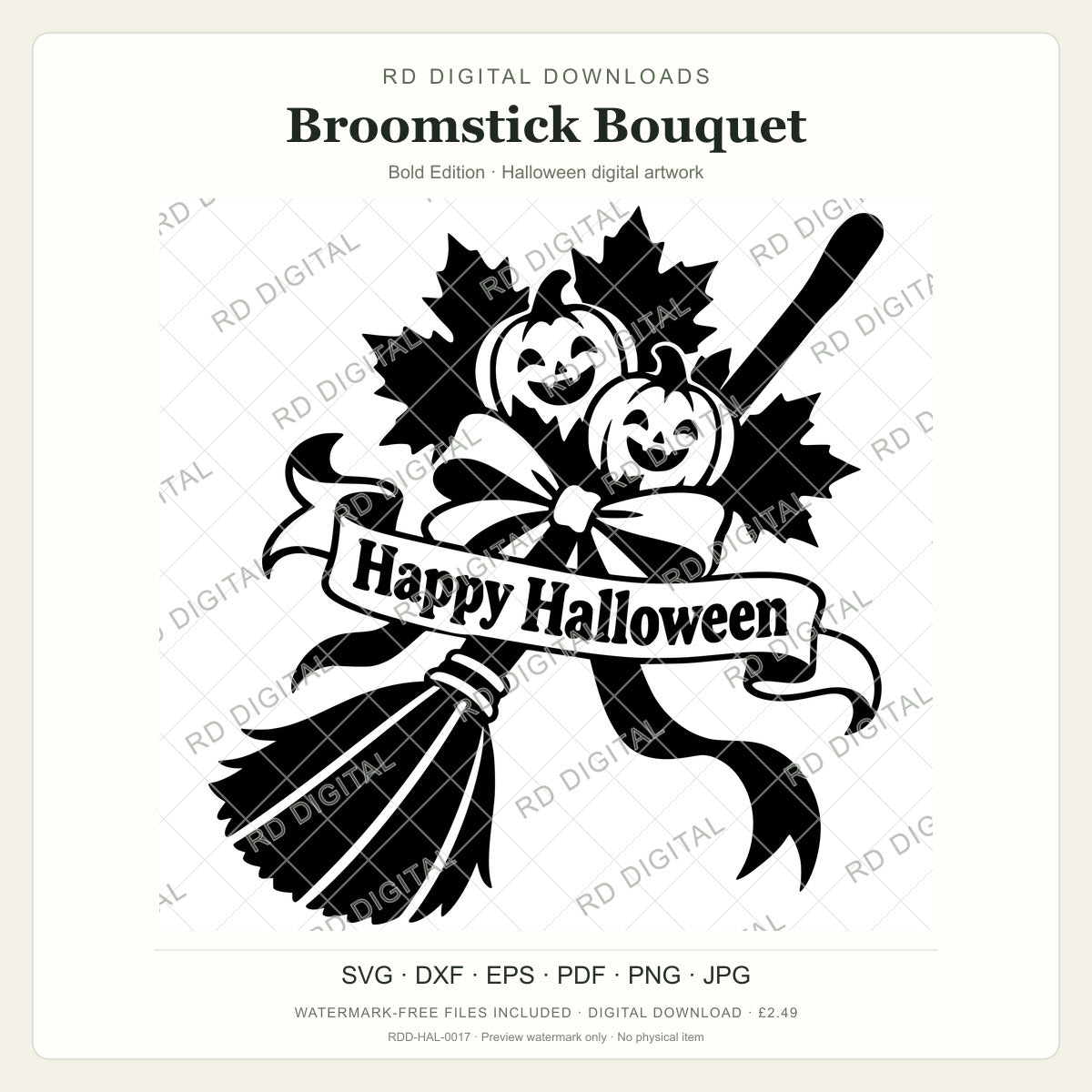Watermarked Broomstick Bouquet, Bold Edition Halloween digital artwork; customer files are supplied without the watermark.