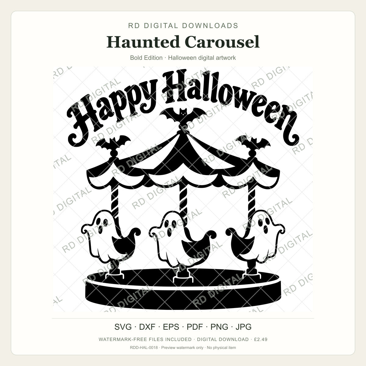 Watermarked Haunted Carousel, Bold Edition Halloween digital artwork; customer files are supplied without the watermark.