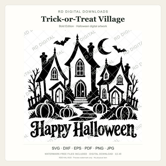 Watermarked Trick-or-Treat Village, Bold Edition Halloween digital artwork; customer files are supplied without the watermark.