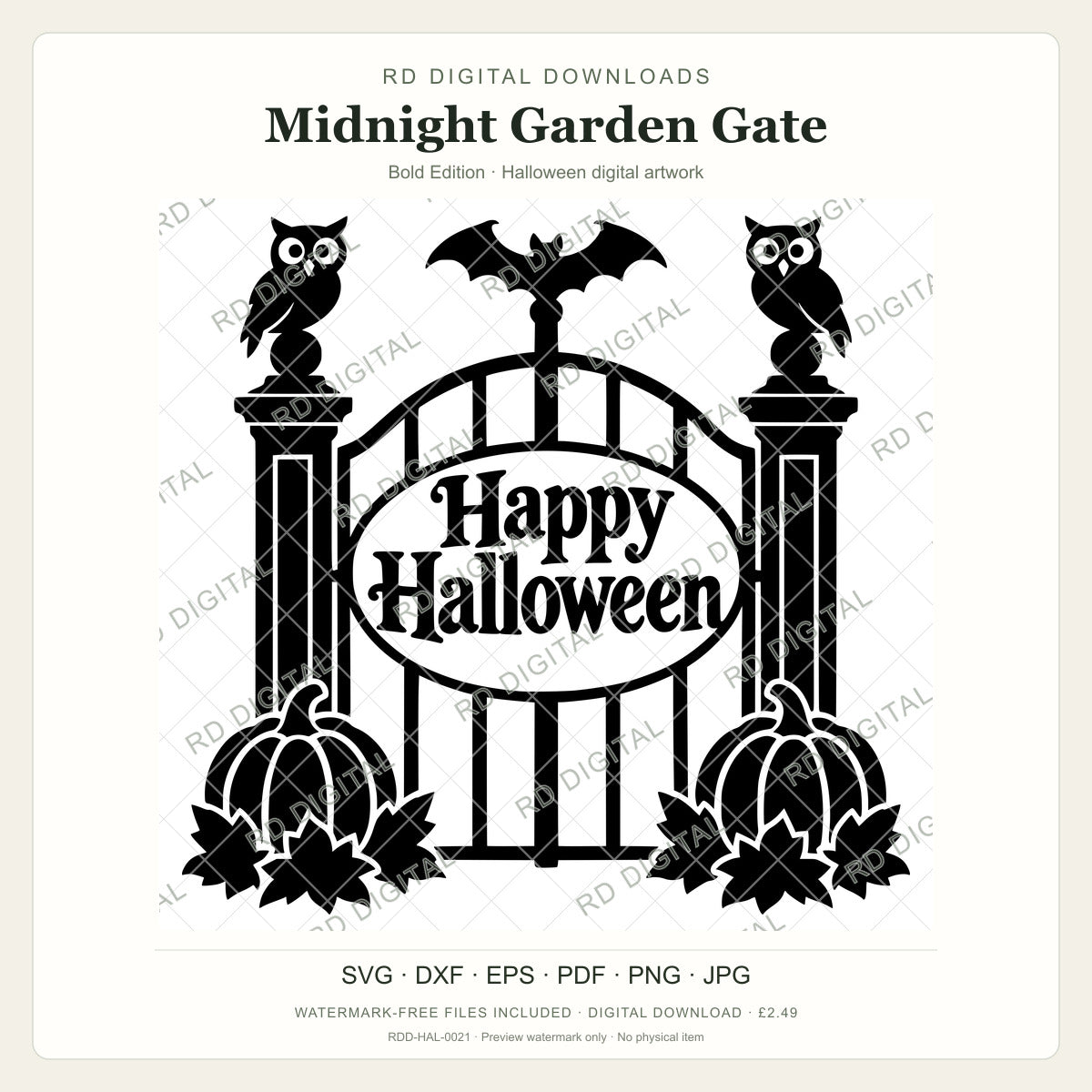 Watermarked Midnight Garden Gate, Bold Edition Halloween digital artwork; customer files are supplied without the watermark.