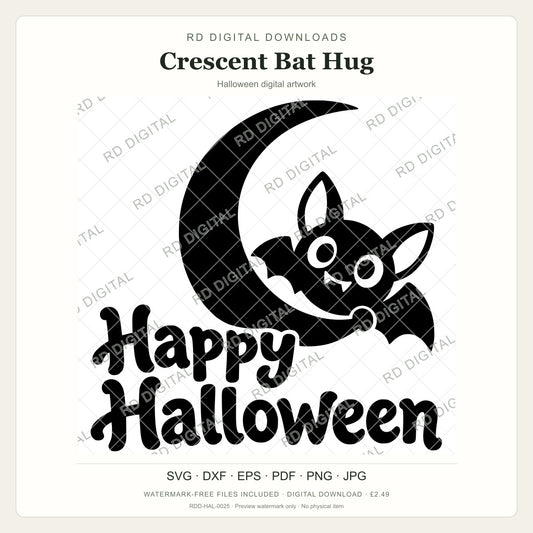 Watermarked Crescent Bat Hug Halloween digital artwork; customer files are supplied without the watermark.