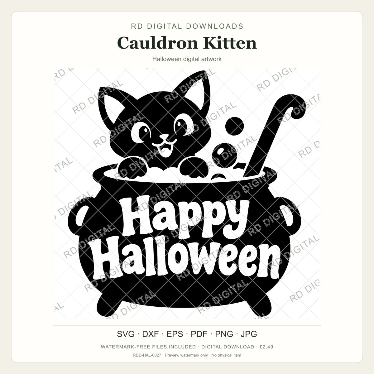 Watermarked Cauldron Kitten Halloween digital artwork; customer files are supplied without the watermark.