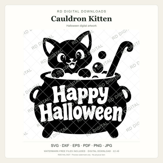 Watermarked Cauldron Kitten Halloween digital artwork; customer files are supplied without the watermark.