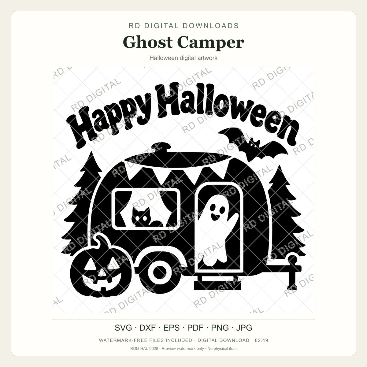 Watermarked Ghost Camper Halloween digital artwork; customer files are supplied without the watermark.
