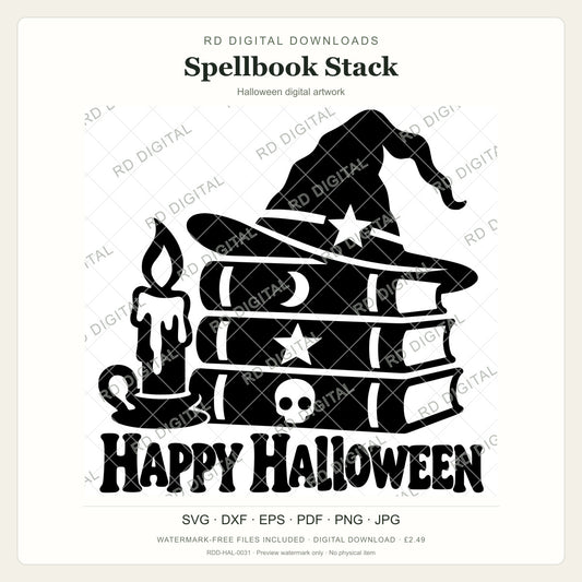 Watermarked Spellbook Stack Halloween digital artwork; customer files are supplied without the watermark.