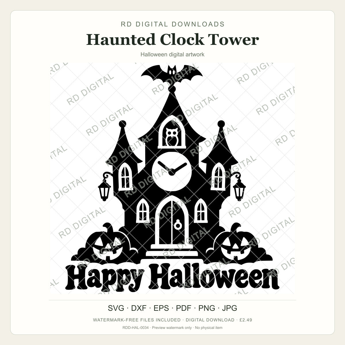 Watermarked Haunted Clock Tower Halloween digital artwork; customer files are supplied without the watermark.