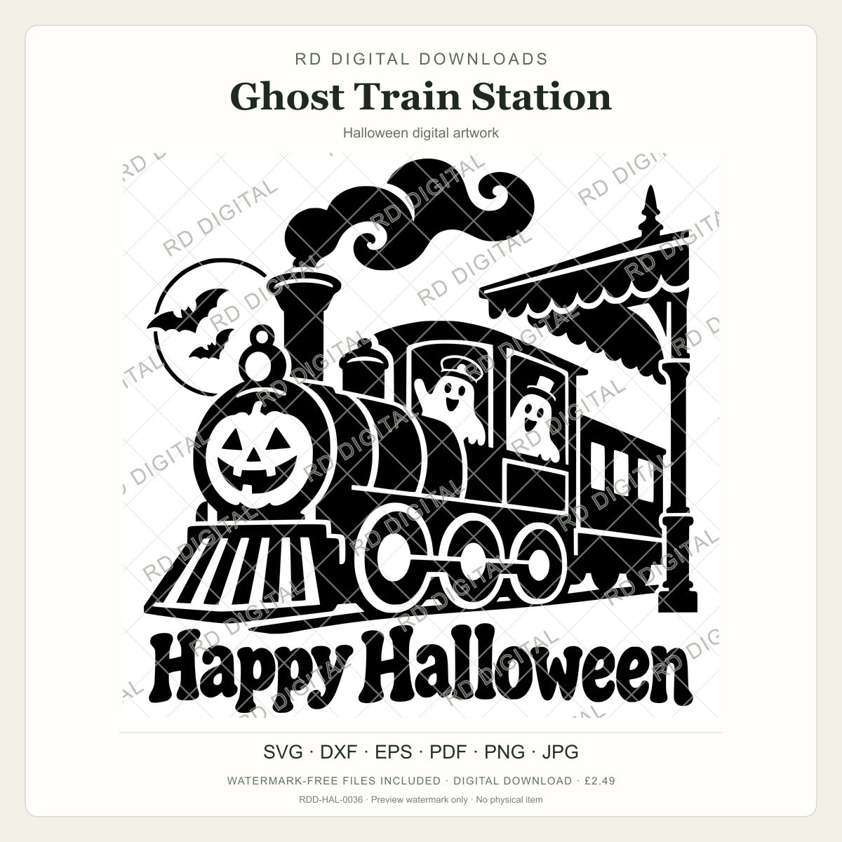 Watermarked Ghost Train Station Halloween digital artwork; customer files are supplied without the watermark.
