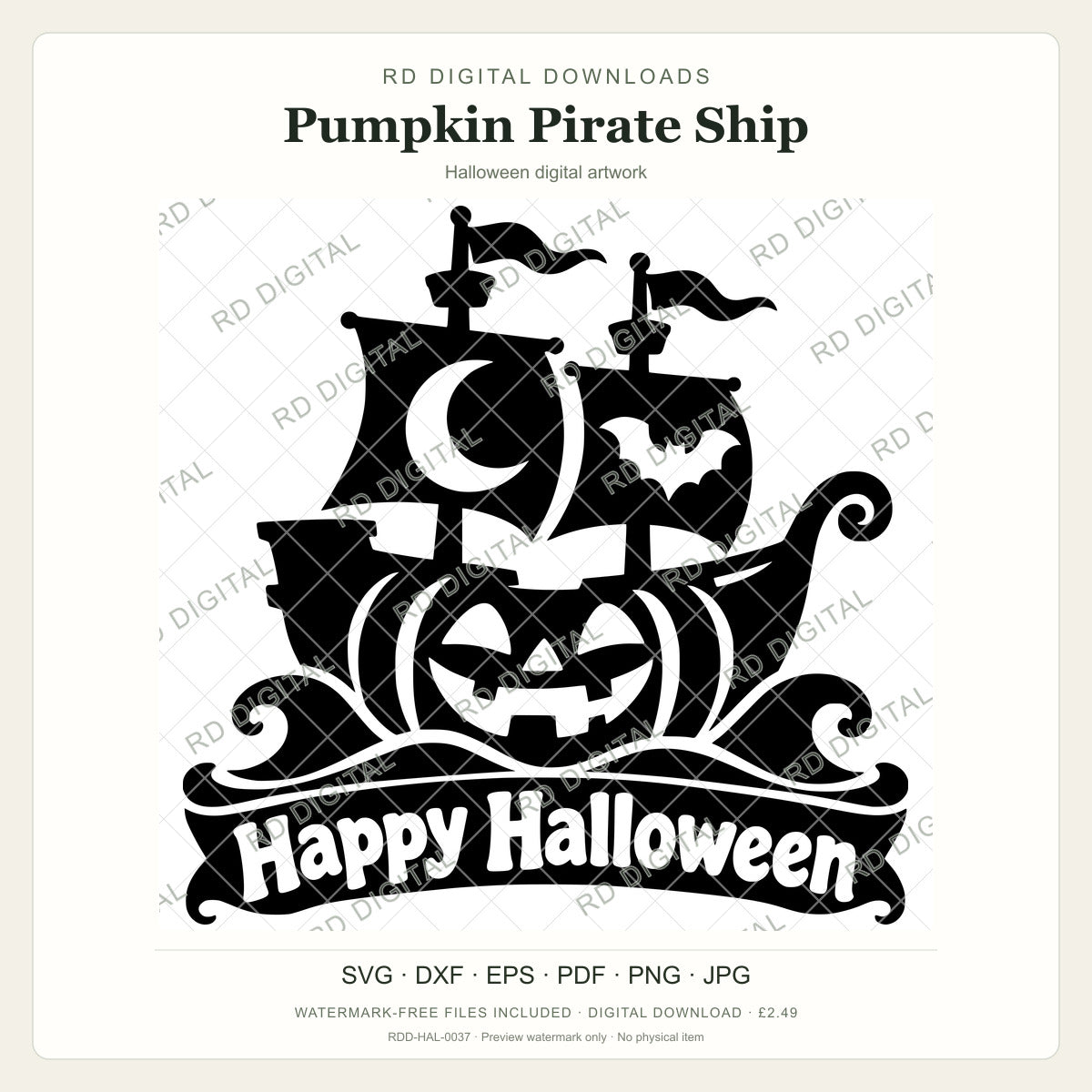 Watermarked Pumpkin Pirate Ship Halloween digital artwork; customer files are supplied without the watermark.