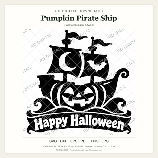 Watermarked Pumpkin Pirate Ship Halloween digital artwork; customer files are supplied without the watermark.