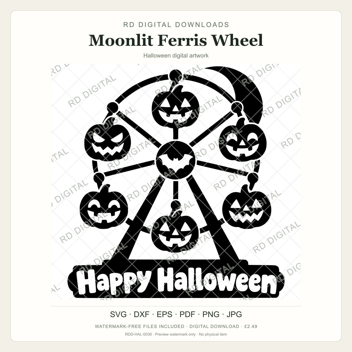 Watermarked Moonlit Ferris Wheel Halloween digital artwork; customer files are supplied without the watermark.