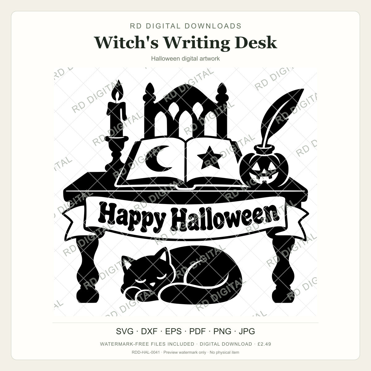 Watermarked Witch's Writing Desk Halloween digital artwork; customer files are supplied without the watermark.