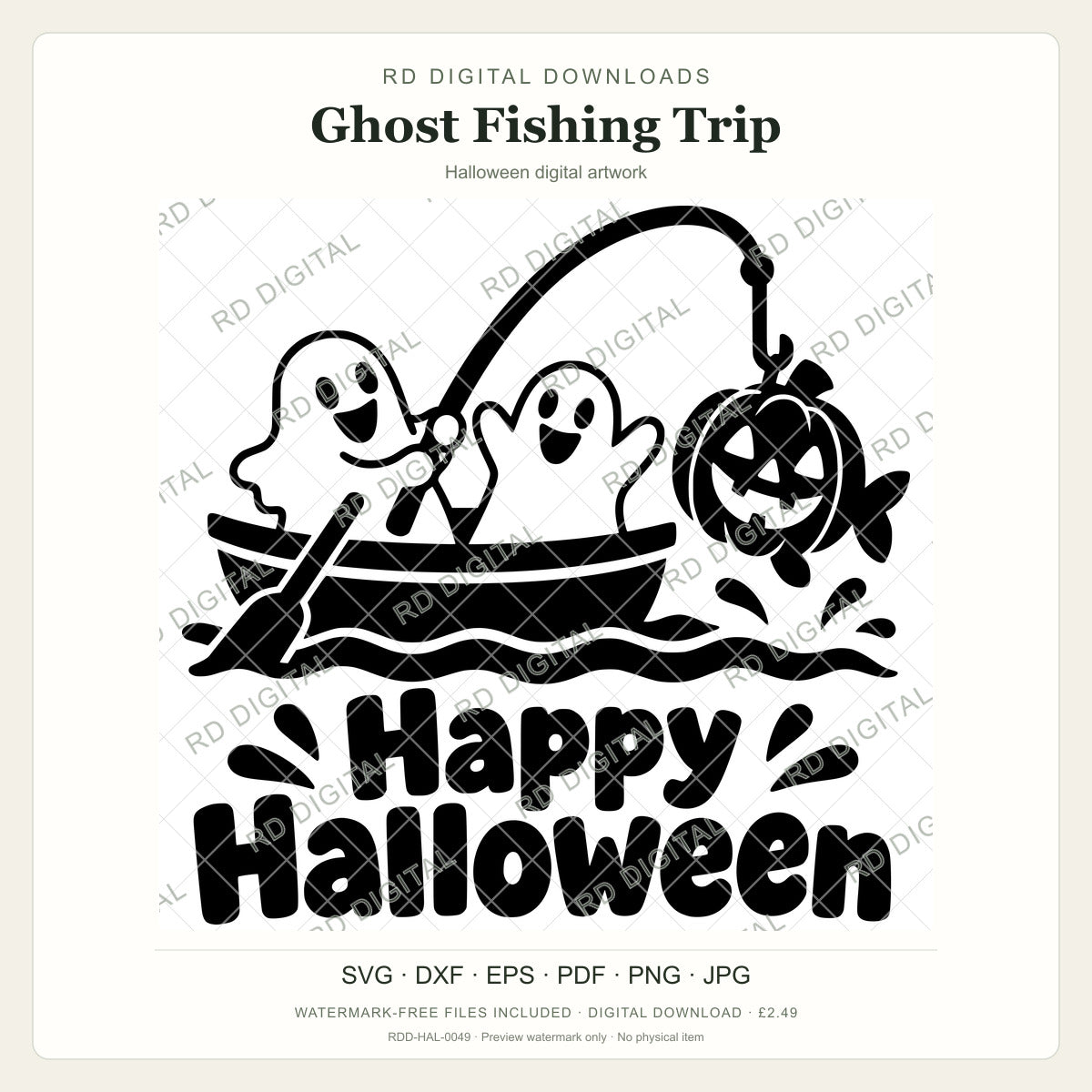 Watermarked Ghost Fishing Trip Halloween digital artwork; customer files are supplied without the watermark.
