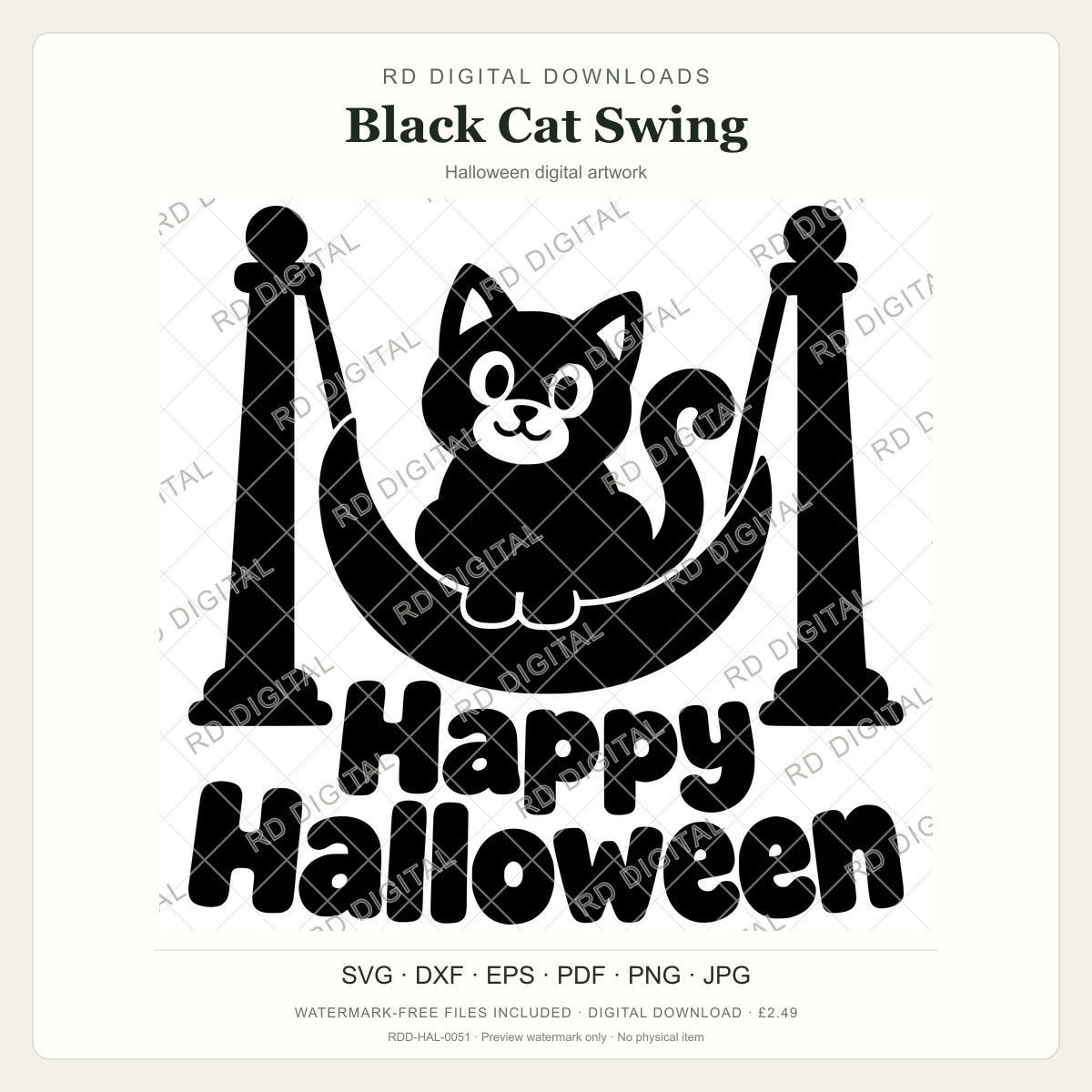 Watermarked Black Cat Swing Halloween digital artwork; customer files are supplied without the watermark.