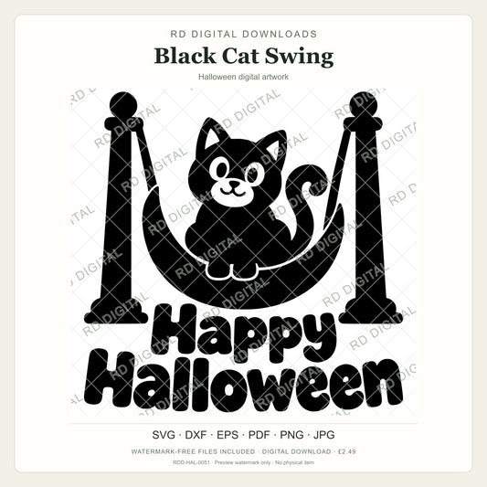 Watermarked Black Cat Swing Halloween digital artwork; customer files are supplied without the watermark.
