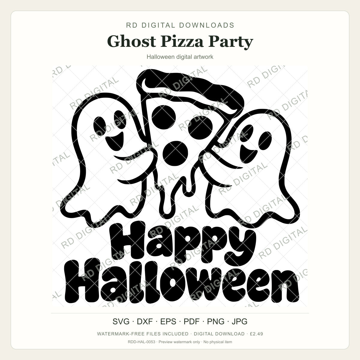 Watermarked Ghost Pizza Party Halloween digital artwork; customer files are supplied without the watermark.