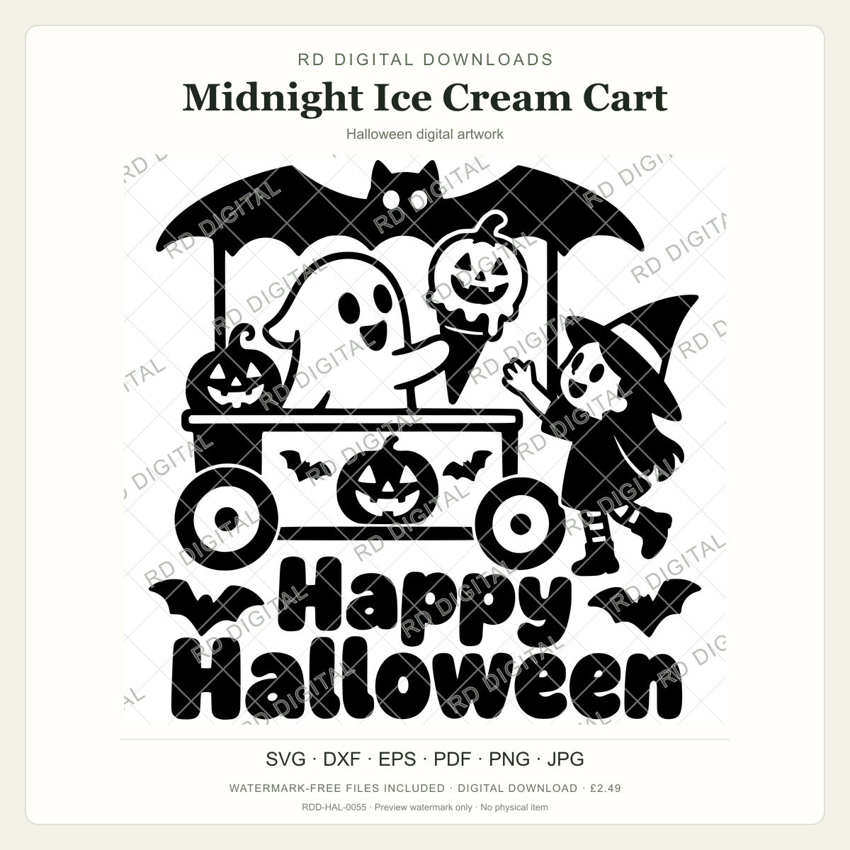 Watermarked Midnight Ice Cream Cart Halloween digital artwork; customer files are supplied without the watermark.