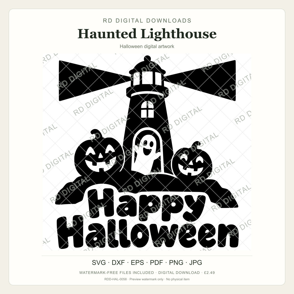 Watermarked Haunted Lighthouse Halloween digital artwork; customer files are supplied without the watermark.
