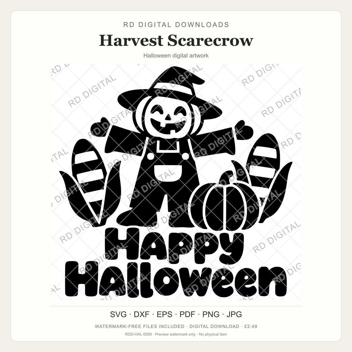 Watermarked Harvest Scarecrow Halloween digital artwork; customer files are supplied without the watermark.