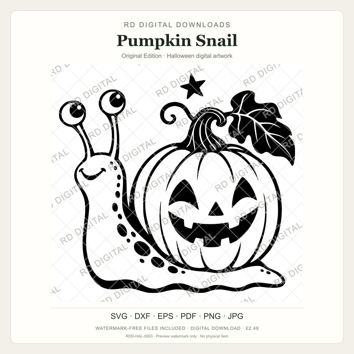 Watermarked Pumpkin Snail, Original Edition Halloween digital artwork; customer files are supplied without the watermark.