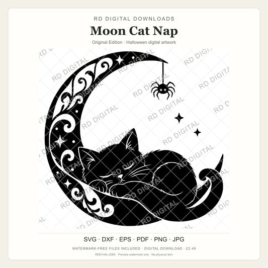 Watermarked Moon Cat Nap, Original Edition Halloween digital artwork; customer files are supplied without the watermark.
