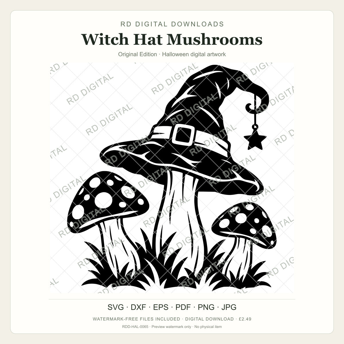 Watermarked Witch Hat Mushrooms, Original Edition Halloween digital artwork; customer files are supplied without the watermark.