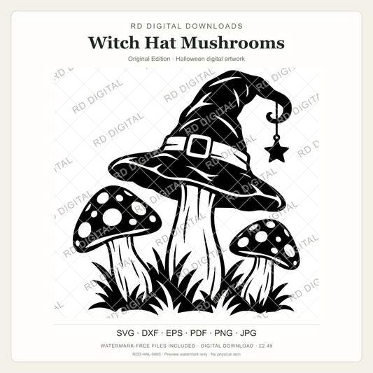 Watermarked Witch Hat Mushrooms, Original Edition Halloween digital artwork; customer files are supplied without the watermark.