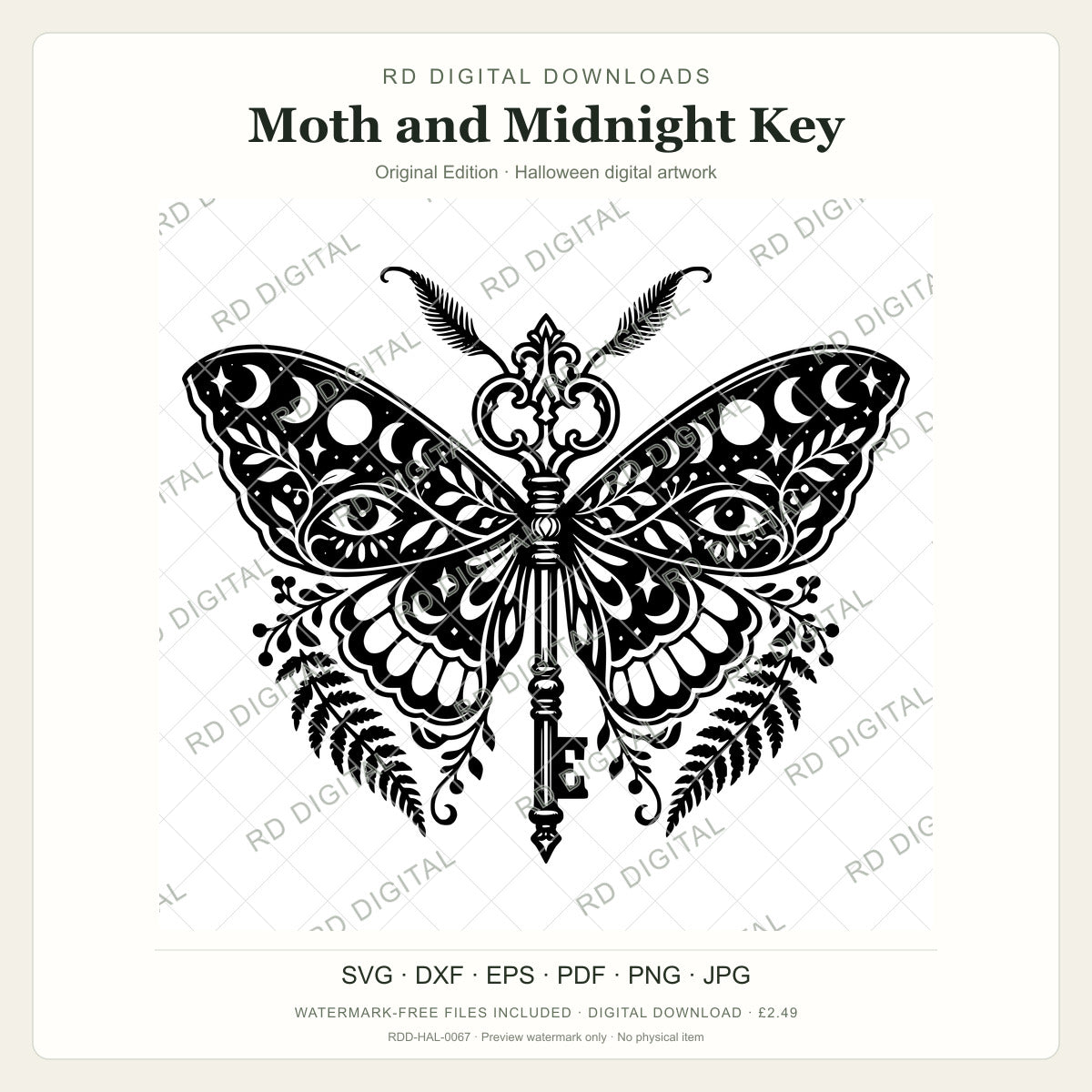 Watermarked Moth and Midnight Key, Original Edition Halloween digital artwork; customer files are supplied without the watermark.