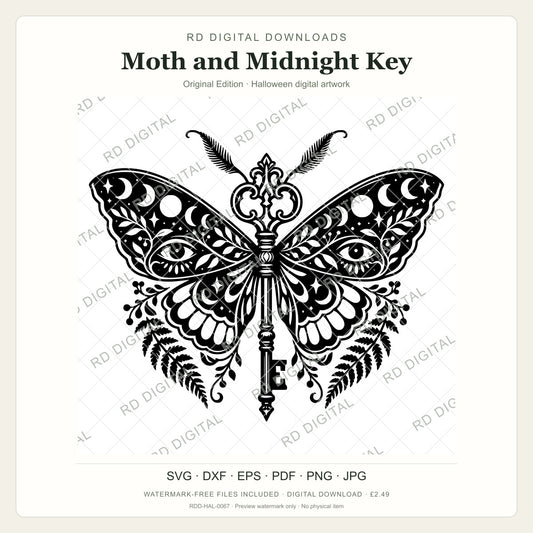Watermarked Moth and Midnight Key, Original Edition Halloween digital artwork; customer files are supplied without the watermark.