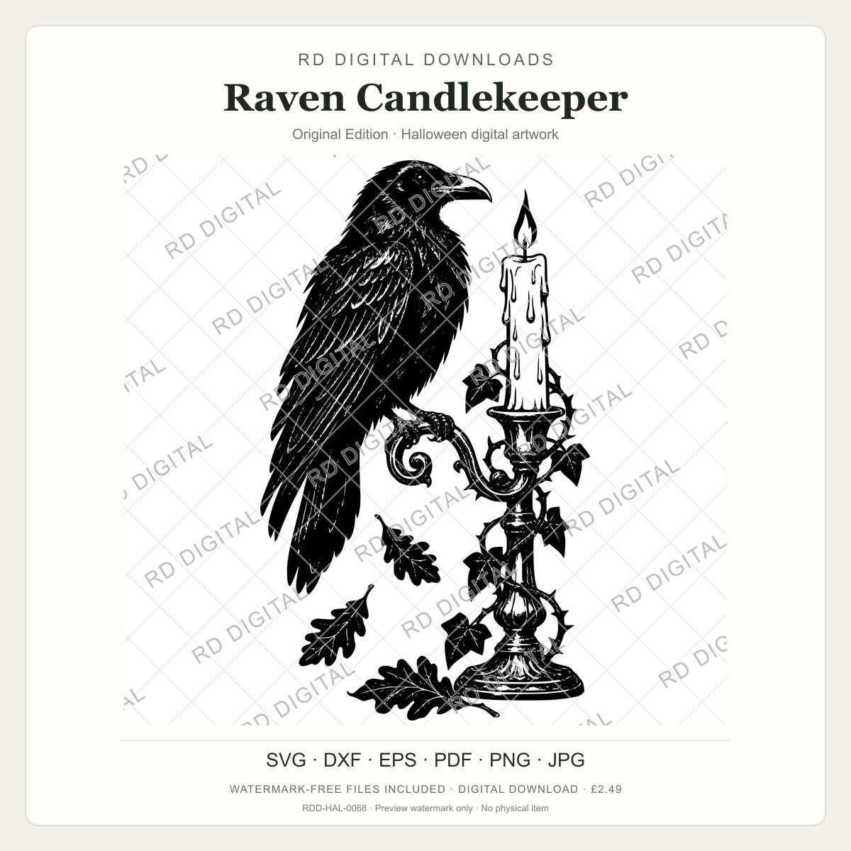 Watermarked Raven Candlekeeper, Original Edition Halloween digital artwork; customer files are supplied without the watermark.