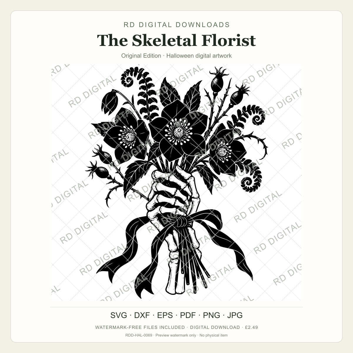 Watermarked The Skeletal Florist, Original Edition Halloween digital artwork; customer files are supplied without the watermark.