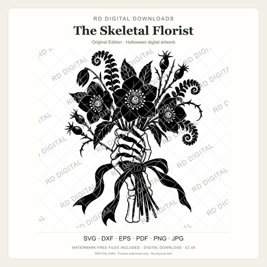 Watermarked The Skeletal Florist, Original Edition Halloween digital artwork; customer files are supplied without the watermark.