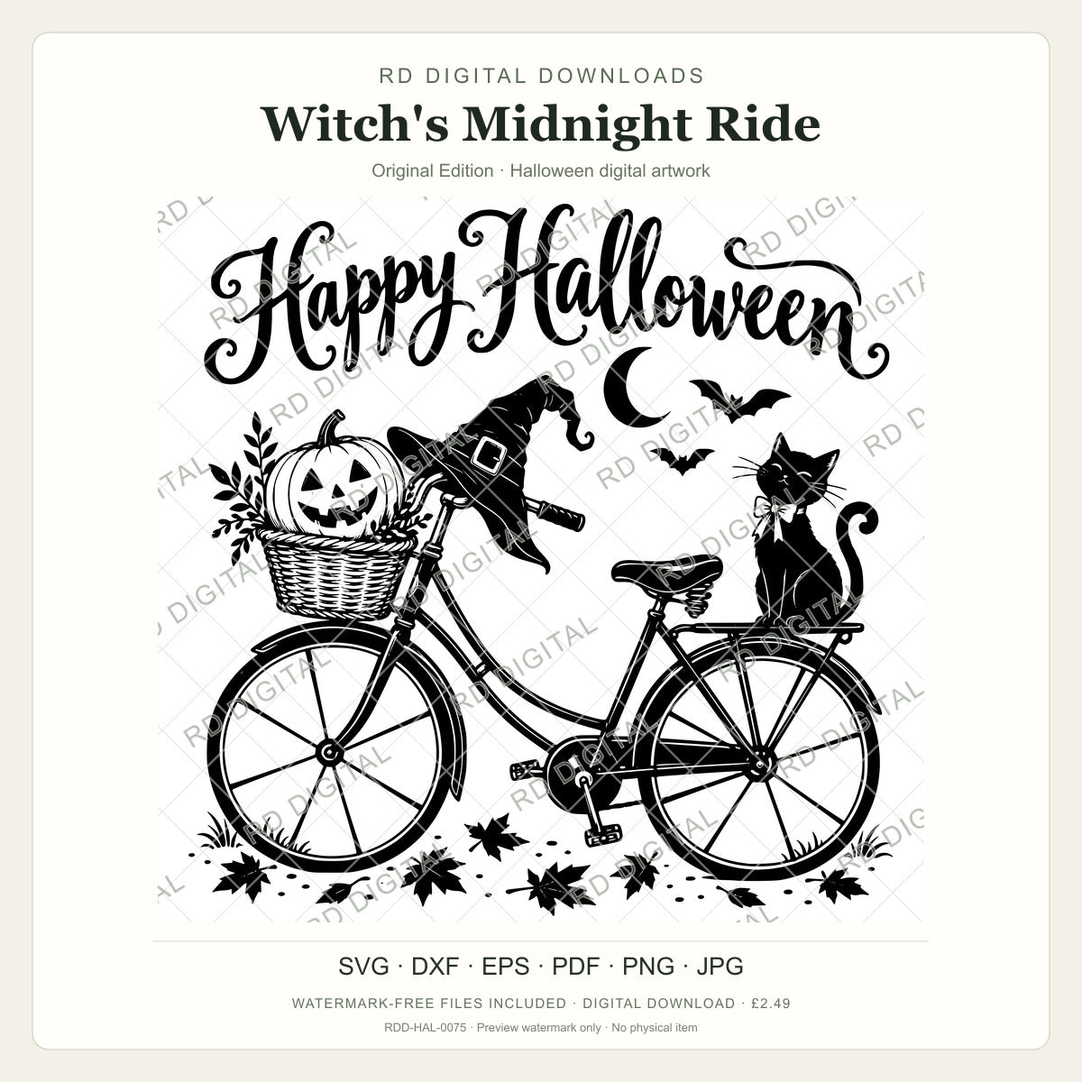 Watermarked Witch's Midnight Ride, Original Edition Halloween digital artwork; customer files are supplied without the watermark.