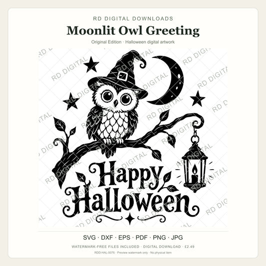 Watermarked Moonlit Owl Greeting, Original Edition Halloween digital artwork; customer files are supplied without the watermark.
