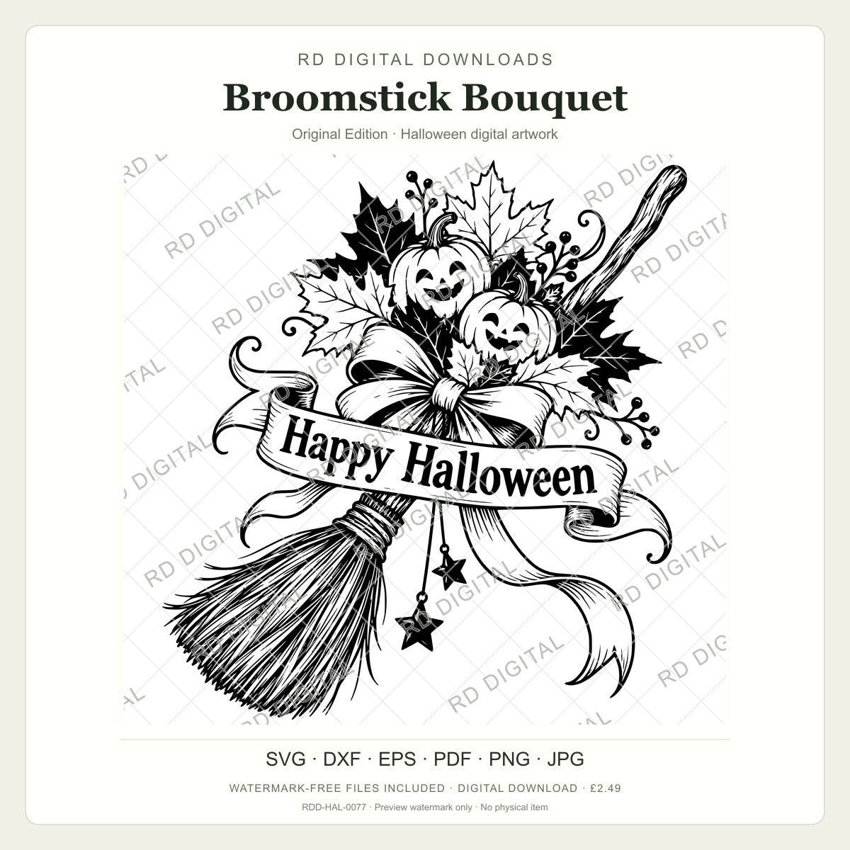 Watermarked Broomstick Bouquet, Original Edition Halloween digital artwork; customer files are supplied without the watermark.