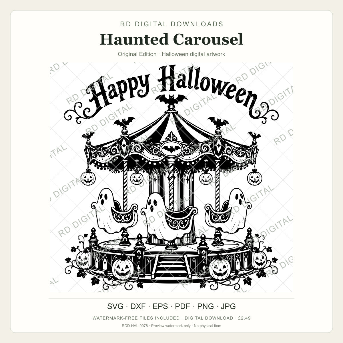 Watermarked Haunted Carousel, Original Edition Halloween digital artwork; customer files are supplied without the watermark.